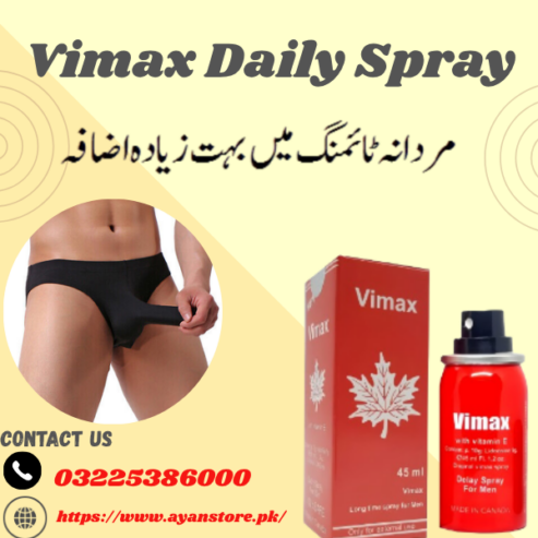 Buy Vimax Spray Price In Pakistan Online in Pakistan From AyanStore.Pk Vimax Spray Price In Pakistan: Unlock The Secret To Increase Pleasure And Full Satisfaction With Vimax Spray Like Never Before. Delay Spray Is Made To Enhance Your Sexual Experience. This Innovative Spray Offers A Natural Solution To Premature Ejaculation. Thus It Allows You To Enjoy Intimacy For A Longer Time In Bed. Allows You And Your Partner Satisfied And Fulfilled. Vimax Delay Spray Made Of Natural Ingredients Without Any Side Effects Gives You Peace Of Mind And Maximum Happiness. Vimax Spray Benefits: Say goodbye to premature ejaculation and enjoy longer-lasting sexual timing Experience full sensations and extended pleasure like never before Clinically Proven Formula with effectiveness and safety The fast-acting formula is absorbed quickly with immediate result Natural Ingredients thus No Side Effects Gives stamina and confidence to satisfy your partner More satisfaction and enjoyable sexual experience How To Use: Before use, ensure that your area is clean and dry Then shake the spray to ensure all the ingredients are properly mixed Now apply 2-3 sprays onto the glans (head) and shaft of the penis. But make sure to cover the entire area evenly Then allow the delay spray to be absorbed into the skin Key Features & Benefits: